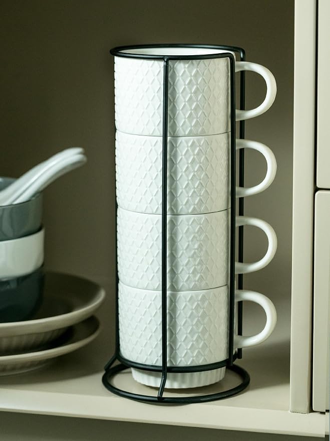 LYEOBOH Stackable Coffee Mugs with Rack, 13 oz Ceramic Coffee Mug Set of 4 with Stand, Latte Cup with Spoon, Cappuccino Cups for Hot Cocoa, Milk, White - Image 9