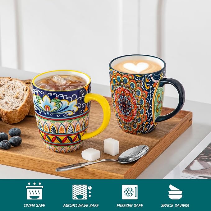 vancasso SIMI 12 oz Coffee Mugs Set of 6, Ceramic Mug with Handle, Boho | Coffee Cups for Latte, Tea, Cappuccino & Hot Chocolate, Easy-Grip Mug, Dishwasher & Microwave Safe, Bohemian Gift Set - Image 4