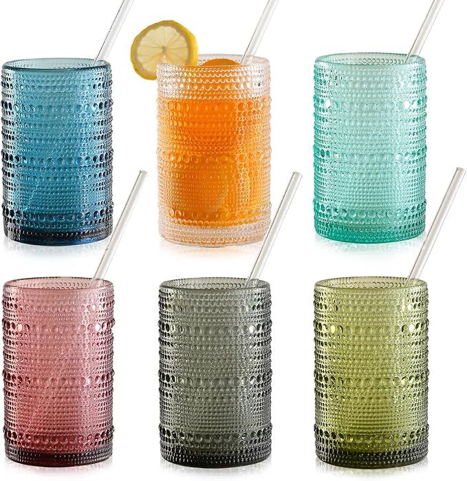 KMIGRUAN 15oz Colored Hobnail Drinking Glasses Set of 6,Vintage Kitchen Glassware, Embossed Beaded Glass Cups,Water Tumbler for Cocktail,Juice and Various Mixed Drinks by KMIGRUAN