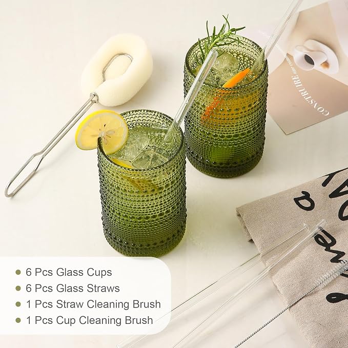 ZMOWIPDL Drinking Glasses Set of 6,15 oz Green Hobnail Glass Cups | Vintage Glassware，Embossed Water Tumbler,for Beer,Cocktail,Whiskey,Juice and Various Mixed Drinks- 1 Cleaning Brush - Image 5