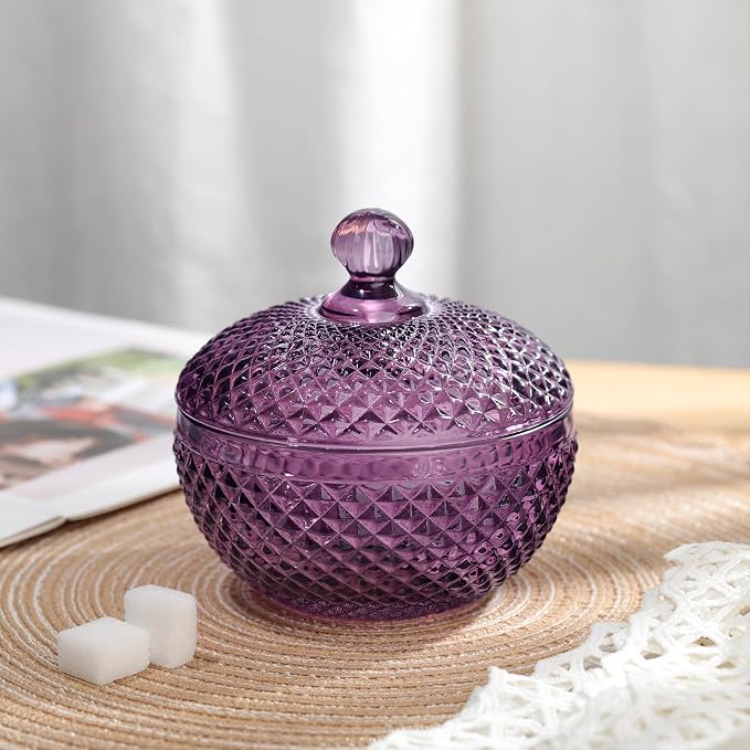 Joeyan 12 oz Small Dark Purple Glass Jars with Lid,Embossed Candy Dishes,Diamond Faceted Food Container,Decorative Jewelry Box Apothecary Canisters,Colored Kitchen Bathroom Buffet Storage Organizer - Image 3