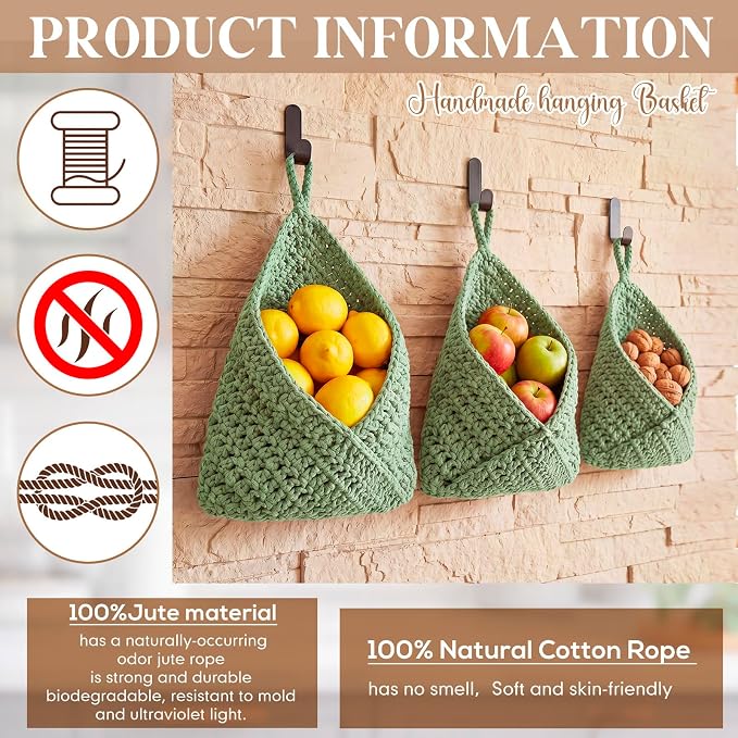 Honeydak Boho Decor Hanging Wall Baskets for Kitchen 3 Pack Teardrop Baskets with Hooks Storage Fruit Onion Vegetable Potato for Home 3 Sizes(Sage Green,Triangle,Cotton Rope) - Image 5