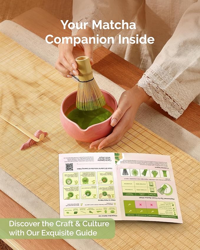 Maestri House Pink Matcha Whisk Set, 7-Pc Complete Matcha Kit with Spouted Ceramic Bowl, Bamboo Whisk and Holder, Scoop, Spoon Rest & Sifter, Tea Cloth – Ideal Gift for Matcha Lovers (Pink)