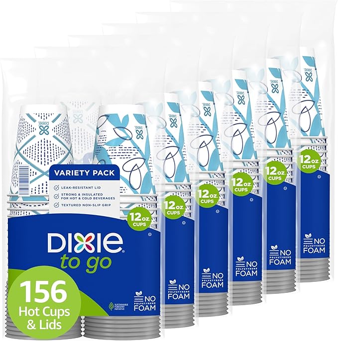 Dixie To Go Paper Coffee Cups With Lids, 12 oz, 156 Count (6 packs of 26 cups), Disposable Insulated Paper Cups for On-The-Go Hot or Cold Beverages by Unknown