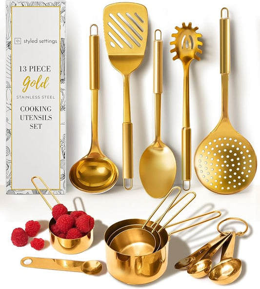 Styled Settings Gold Cooking Utensils with Measuring Cups & Spoons,13-Piece | Stainless Steel, Includes utensils, measuring cups, 13-Piece Gold Kitchen Accessories Includes Metal Measuring by STYLEDSETTINGS