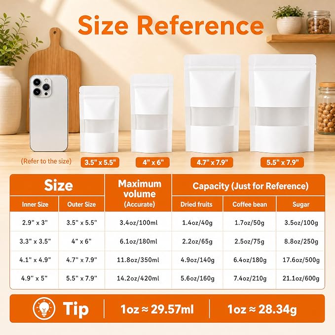 100 Pcs White Kraft Paper Bags with Window, 3.5" x 5.5" Stand Up Pouches Bags, Food Storage Bags for Packaging Products, Reusable, Sealable - Image 2