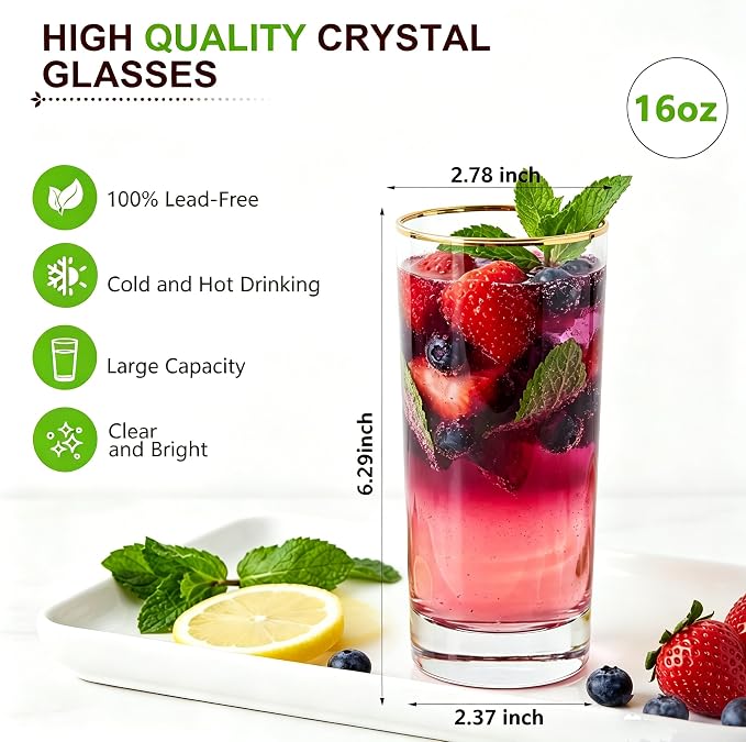 Highball Glasses, Gold Rim Crystal Glassware, 16 oz, Set of 12 | Elegant European Tall Highball Glasses for Water, Juice, Mojitos and Cocktails, Perfect for Everyday Use - Image 3