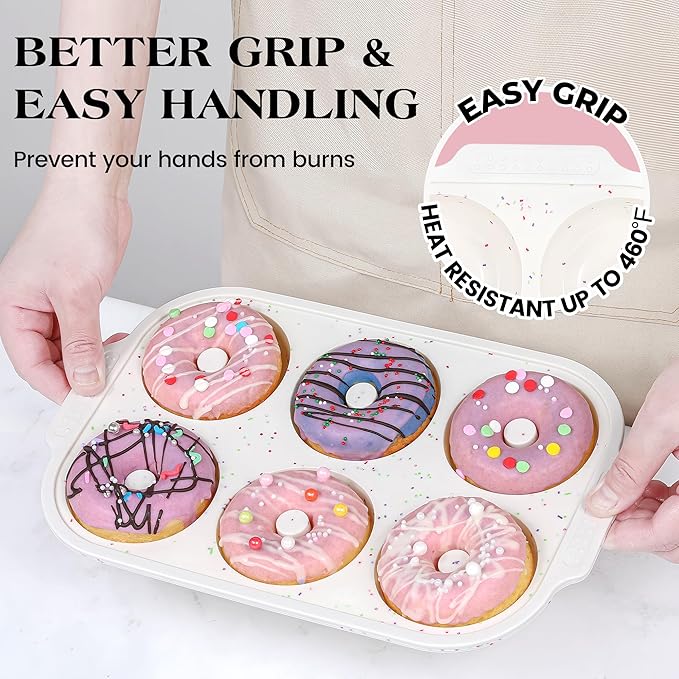 Silicone Donut Pan for Baking with Metal Reinforced Frame Nonstick 6 Cavity Donut Molds Doughnut Tray 3.25 Inch Large Bagel Molds 1Pc (Cream)
