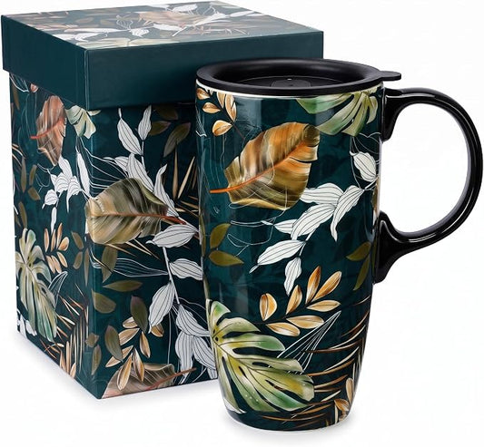 Topadorn 17oz Ceramic Travel Mug with Lid, Tropical Leaf Coffee Mug | 17oz Ceramic Travel Mug • Tropical Leaf Design • Coffee Mug with Lid • Microwave & Dishwasher Safe • Gift Box by Topadorn