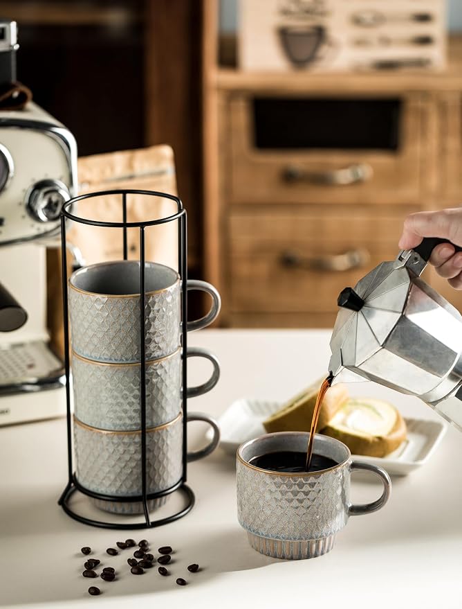 Gomakren Stackable Coffee Mugs Set of 4 Coffee Cups with Stand, Light Gray | 13oz Ceramic Embossed Grid Mugs, Black Metal Storage Rack, Lead-Free Dishwasher Safe, with Gold Spoons for Home Coffee Bar - Image 6