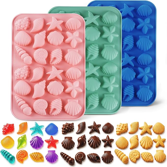 3Pcs Seashell Chocolate Molds, Ocean Themed Cake Baking Molds for Candy Fondant, 24-Cavity Silicone Mold for Cookies, Cupcake Toppers and DIY Cake Decorating by Lutatid