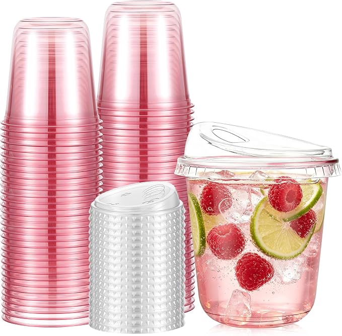 Ziliny 50 Sets Clear Plastic Coffee Cups with Sip Lids, Disposable Plastic PET Crystal Cups for Iced Coffee, Smoothie, Cold Beverage, Drink Shops and Party Catering(Clear Pink,12 oz) by Ziliny