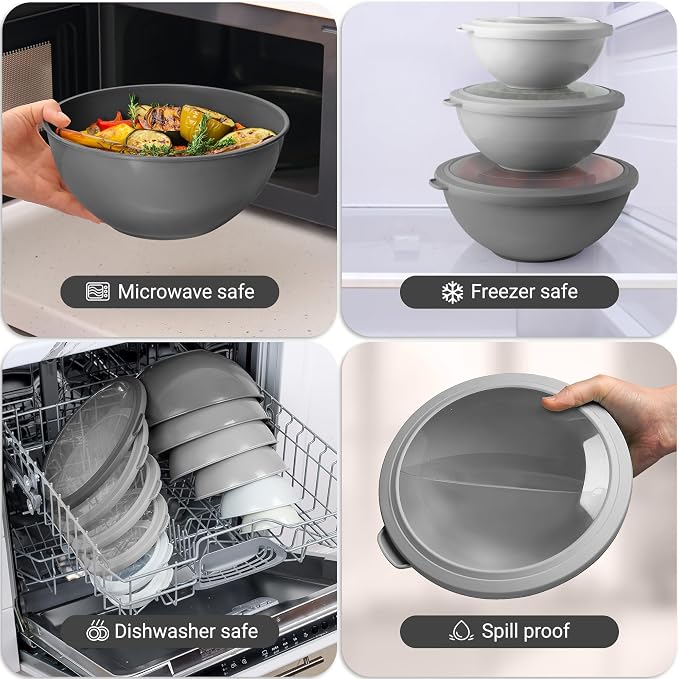 Zulay Kitchen 12 Piece Plastic Nesting Mixing Bowls with Lids - Colorful Microwave & Freezer Safe Gray Ombre Set - Image 7