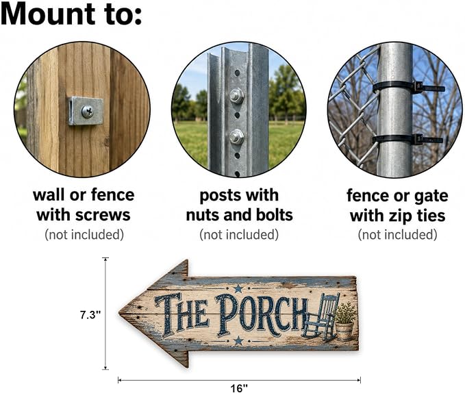 The Porch Left-Pointing Arrow Sign — Die-Cut Metal Directional Wall Decor | barnwood look, rustic, durable print, ready to hang - Image 3