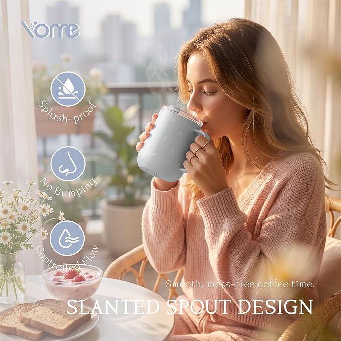 YOME 10oz Bow Grey Insulated Coffee Mug with Handle for Women | Ceramic Lined Coffee Mug with Splash-Resistant Lid| Pure Taste Stainless Steel Coffee Cup | Easy to Clean | Keeps Drinks Cold - Image 2