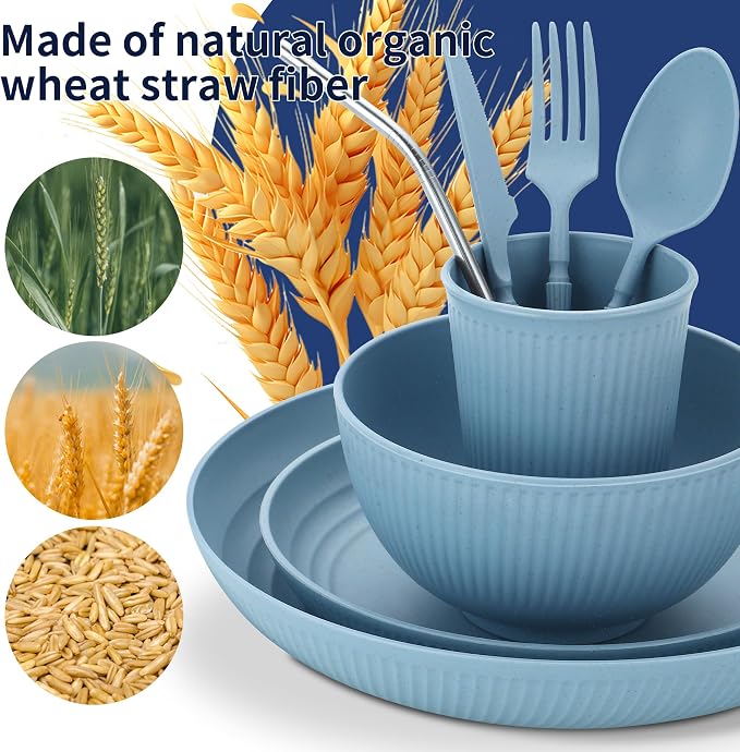 Wheat Straw Dinnerware Sets,64-Piece Plates and Bowls Sets for 8-Unbreakable,Reusable Plastic Dish Set-Dinner Plate/Dessert Plate/Cereal Bowl/Cup/Utensils-Microwavable Dishwasher Safe 64P-Blue - Image 6
