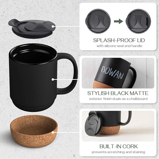 DOWAN Coffee Mugs, 15 oz Mug Set of 2, Large Ceramic Coffee Mug with Cork Bottom and Spill Proof Lid for Mom Dad, Big Mug for Latte Tea, Matte Grey - Image 4