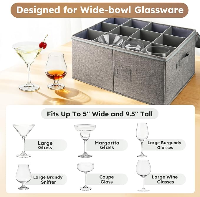 LotFancy Stemware Storage Container for Moving, Hard Shell, Wide Wine Glass Storage Box with Dividers & Handles, Stackable, Foldable Crystal Glassware Case, 21”x15.5”x10”, Grey - Image 8