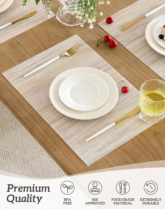Leetaltree Lightsteel Beige with Yellow Placemats Set of 6 - Heat Resistant Non-Slip Place mats for Dining Table, Washable Durable PVC Vinyl Woven Table Mats (Lightsteel Beige with Yellow, 6) - Image 2