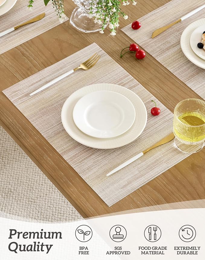 Leetaltree Lightsteel Beige with Yellow Placemats Set of 8 - Heat Resistant Non-Slip Place mats for Dining Table, Washable Durable PVC Vinyl Woven Table Mats (Lightsteel Beige with Yellow, 8) - Image 2