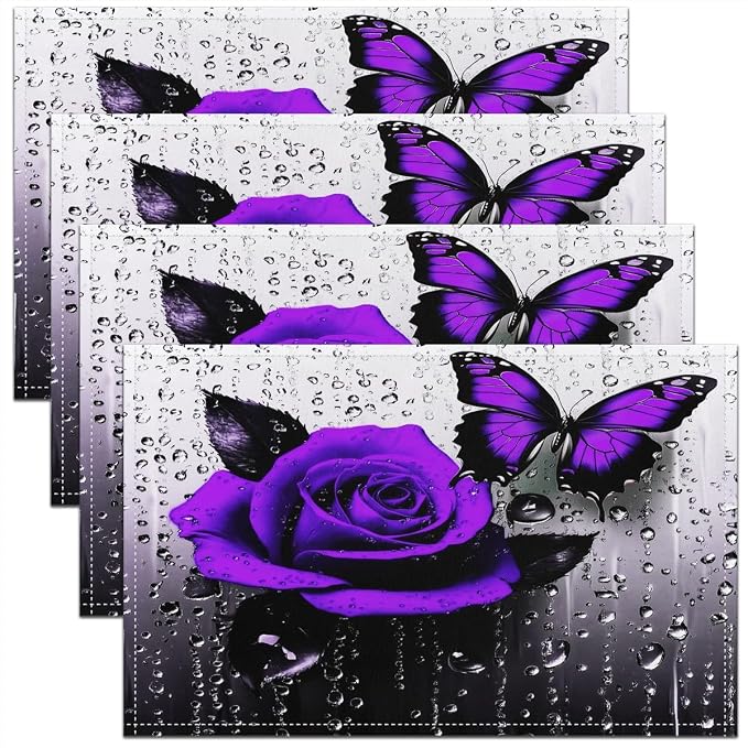 Feelyou Purple Rose Table Place Mats,Romantic Floral Blossom Rose Placemats Set of 4 18"x12",Boys, Girls Butterfly Placemat for Kitchen Dining Table Decor Indoor Outdoor by Feelyou