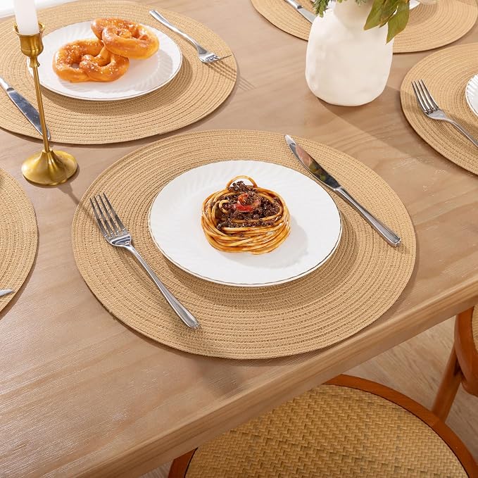 SHACOS 15 inch Round Braided Placemats Set of 6 Cotton Polyester Heat Resistant Round Table Mats Washable Place Mats for Dinner Party Table Decoration (Camel, 6) - Image 8
