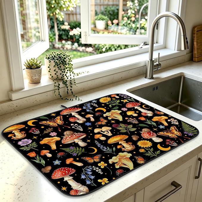 Forest Aesthetic Dish Drying Mat for Kitchen Counter Coffee Bar 18x24 in | Decorative Non Slip Absorbent Kitchen Dishes Drainer Mat, with Anti-slip Rubber Backing & Hanging Loop, for Sink, Home Gift by HiWelcometoMCIAONE