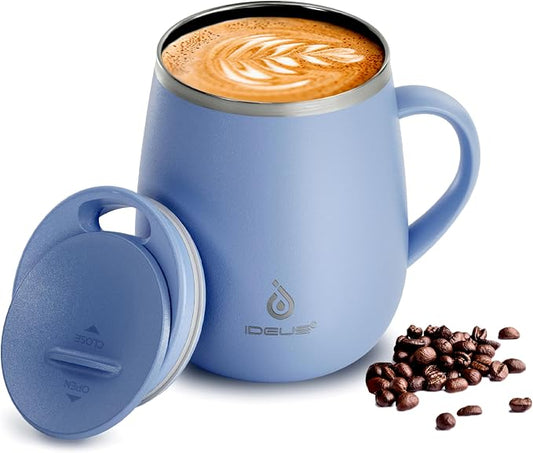 Ideus 16 oz Insulated Coffee Mug with Handle and Lid, Double Wall Stainless Steel Vacuum Thermal Coffee Mug, Travel Coffee Cup Thermal Cup for Home and Office, Ocean Blue 2.0 by IDEUS