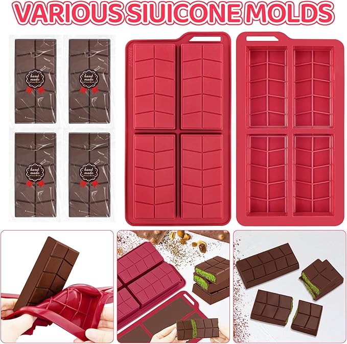 Chocolate Bar Mold 0.82inch Deep,Thick Dubai Stuffed Pistachio Silicone Molds Kit for Making Large Shapes Chocolate Filling Candy Bar with 2 Pack and 100pcs Bags and 104pcs Stickers
