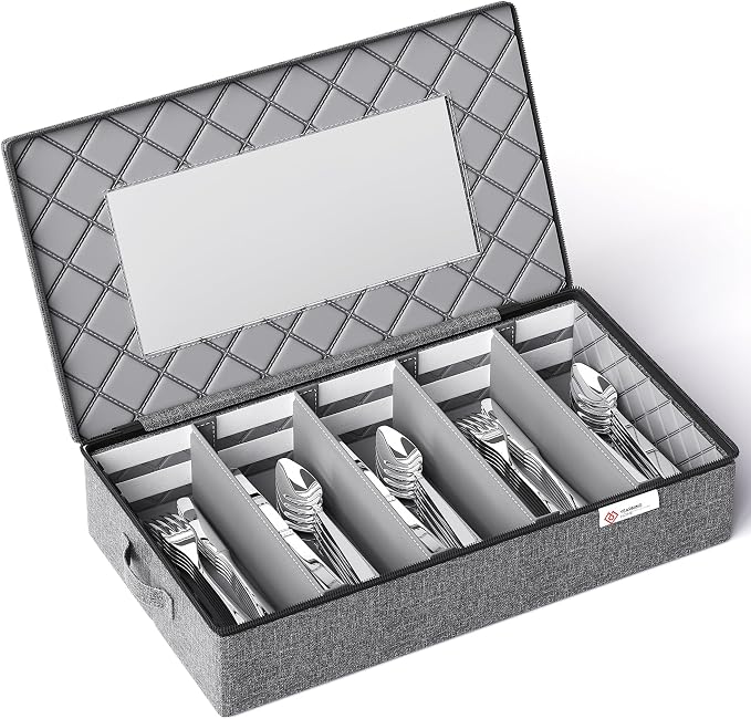 Silverware Storage Box,Hard Shell Flatware Organizer with Lid and Zipper,Utensil Storage with Clear Window and adjustable Divider for Spoons,Forks.Knives,Grey by YEARNINGHOME