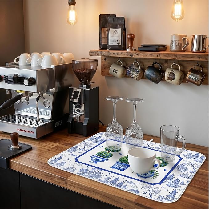 Chinese Blue White Dish Drying Mat for Kitchen Counter Coffee Bar 18x24 in | Chinese Aesthetic Non Slip Absorbent Kitchen Dishes Drainer Mat, with Anti-slip Rubber Backing & Hanging Loop, for Sink - Image 6