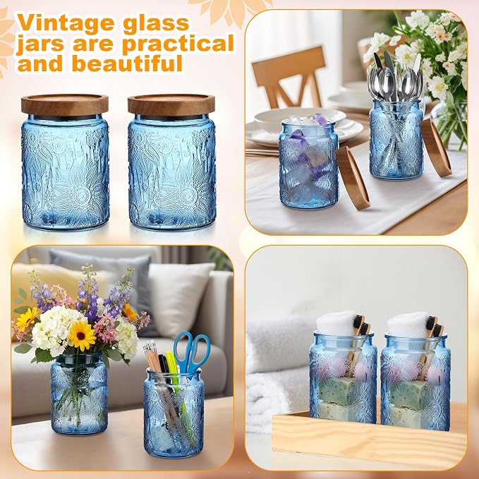 LemonRoad 2 Pcs Vintage Blue Glass Storage Jars 23.7 oz Mason Jar Canister with Wood Lids Food Storage Container for Cookie, Pantry, Candy Kitchen, Coffee, Tea, Flour, Sugar, Decorative Home Decor - Image 5
