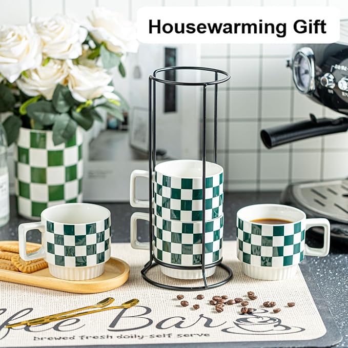 Miamolo Coffee Mugs with Stand and Spoons, Stacking Space-saving | 11oz, Set of 4 | Checkered Coffee Mug with Rack | Housewarming Birthday Gift | Dishwasher Safe | for Home Kitchen Office - Image 5