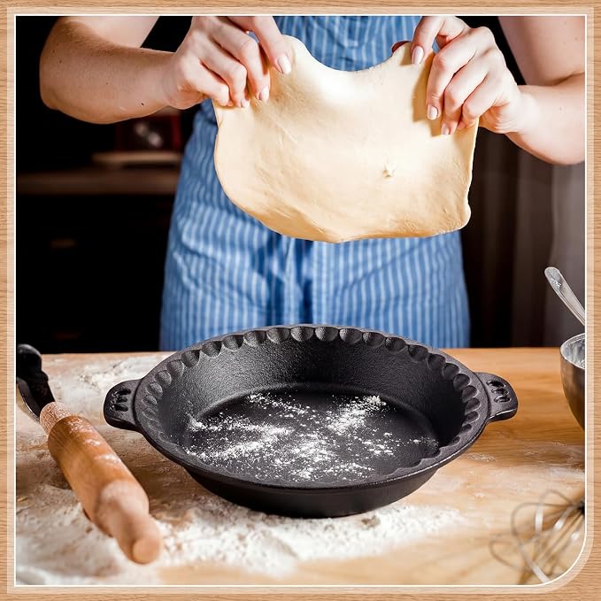 LemonRoad 2 Pcs Cast Iron Pie Pan for Apple Pumpkin Cherry Pies Quiche & Tarts 10" Pan with Crimped Edges and Handles for Thanksgiving Christmas Gift Kitchen Indoor Outdoor Picnic - Image 6