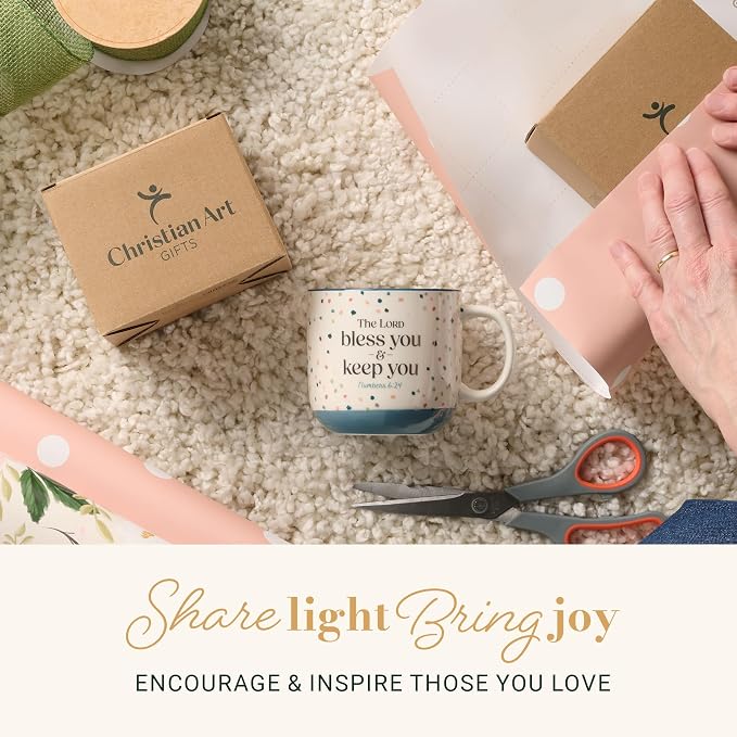 Christian Art Gifts Large Inspirational Ceramic Coffee & Tea Scripture Mug for Women & Men: Lord Bless You & Keep You Encouraging Bible Verse Novelty Cup, Multicolor Confetti Theme, White/Blue, 14 oz. - Image 6
