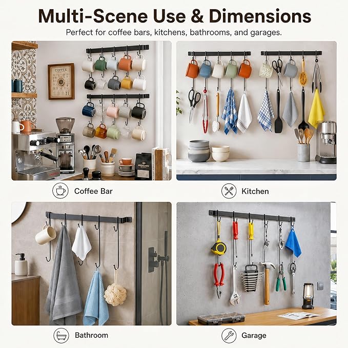 17" Coffee Mug Hook Rack Wall Mounted Set of 2 | Black Metal Tea Cup Holder Hanger Organizer 10 Hooks, Kitchen Rail Utensil Rack for Dining Room Coffee Bar - Image 7