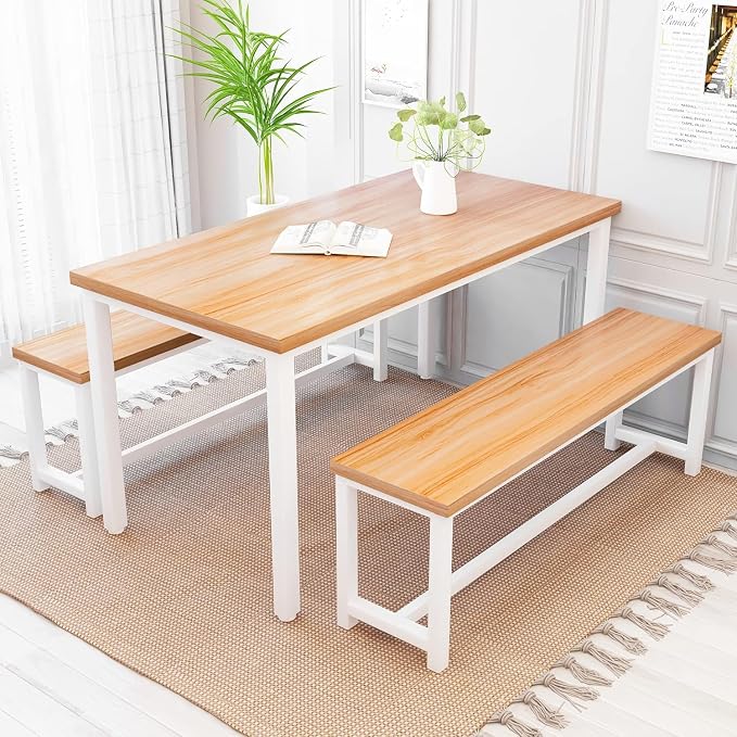 Recaceik Dining Table Set for 4 Kitchen Dining Room Set with 2 Dinner Benches, Farmhouse Breakfast Table for Apartment Small Space, Easy Assembly - Image 3
