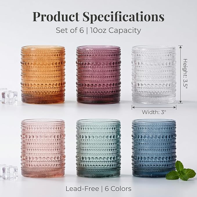 Mfacoy Colored Hobnail Drinking Glasses Set of 6, 10oz Vintage Kitchen Glassware, Embossed Beaded Glass Cups, Water Glasses, Beaded Colorful Water Tumbler for Cocktail, Juice and Various Mixed Drinks - Image 4