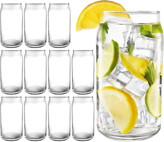 16 oz Can Shaped Glass Cups, Set of 12 Beer Can Glasses, Aesthetic Soda Can Cup Clear Glass Tumbler Beer Glasses, Cute Cups Tall Cocktail Drinkware, Cool Drinking Glasses for Kitchen, Modern Glassware by KitchenLux