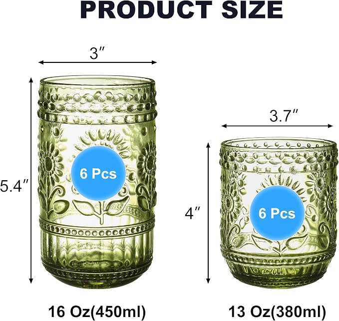 Green Drinking Glasses Set of 12, 16 Oz Highball & 13 Oz Cocktail Glasses, Green Kitchen Vintage Glassware Set, Floral Embossed Glass Tumbler Cups for Coffee, Beer, Water, Whiskey, Juice - Image 4