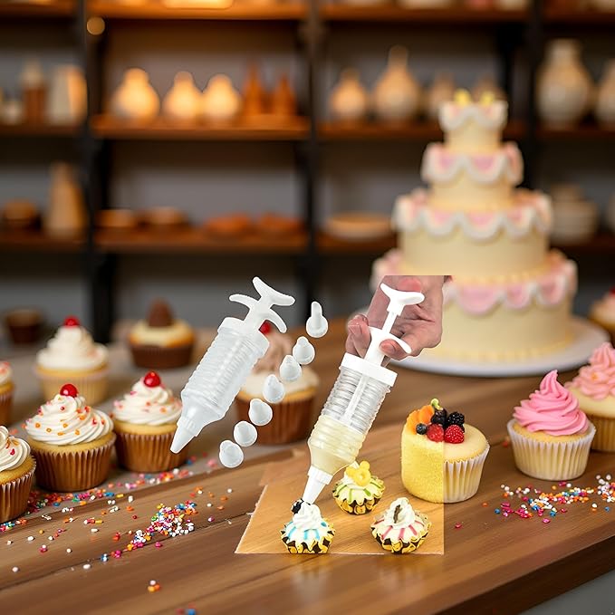 1Pc White Pipe Nozzles with Syringe，8pcs Plastic Cream Baking Piping Nozzle Dispenser Icing Pastry Tips Tube Decoration Tool, for Cupcake and Cake,Decorating Tools