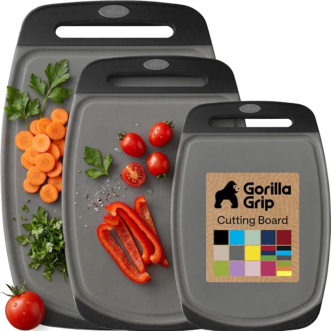 GORILLA GRIP BPA-Free Reversible Kitchen Cutting Board Set of 3, US Designed, Nonporous, Juice Grooves Catch Liquid, Slip Resistant Border, Dishwasher Safe, Durable Food Chopping Boards, Gray Black by Unknown
