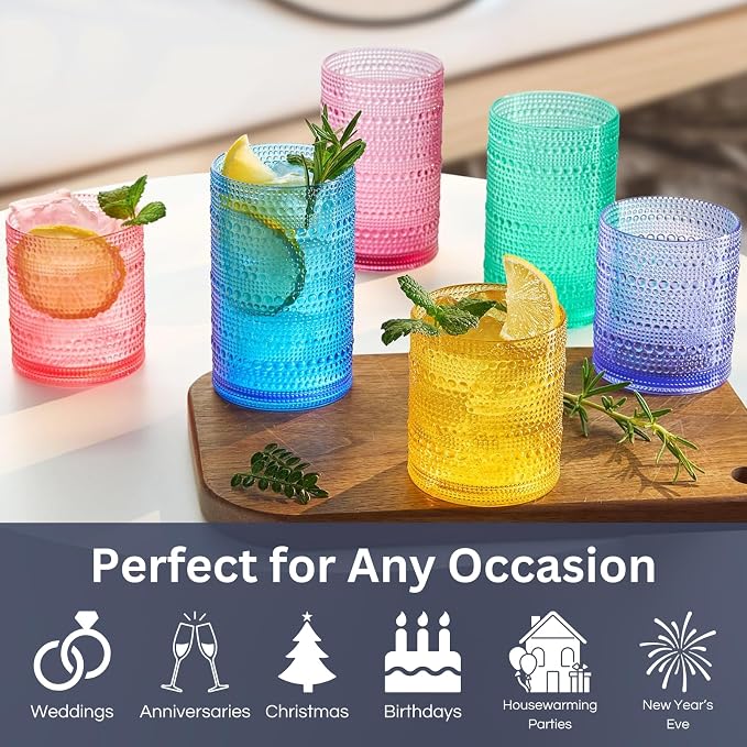 Khen Plastic Hobnail Drinking Glasses Set of 12 Bright Tones Cups 6x 10oz Lowball & 6x 1oz Highball Acrylic Beaded Design, BPA-Free, Dishwasher Safe Indoor/Outdoor Drinkware Water, Juice, Cocktails - Image 2