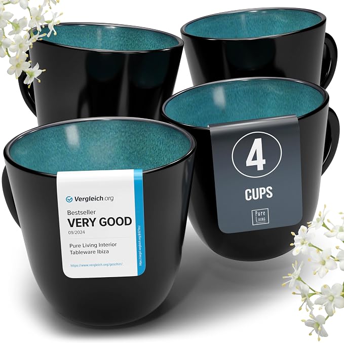 Large Stoneware Coffee Mugs Set of 4, 15.6 oz Coffee Cups with Reactive Glaze, Lead-Free, Dishwasher & Microwave Safe, Stain Resistant for Cocoa, Latte, Cappuccino & Tea, Petrol Blue by PURELIVING