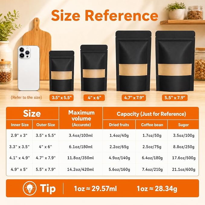 100 Pcs Black Kraft Paper Bags with Window, 4.7" x 7.9" Stand Up Pouches Bags, Food Storage Bags for Packaging Products, Reusable, Sealable - Image 2
