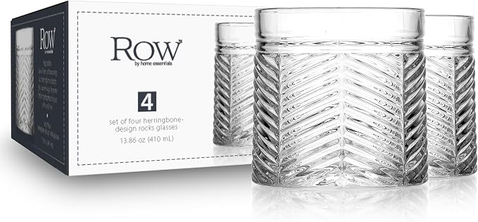 Set of 4 Double Old Fashioned Whiskey Glasses 13.86 oz, Heavy Base Rocks Glasses, Textured Herringbone Drinking Glasses, Bourbon Scotch Cocktail Tumblers - Image 5