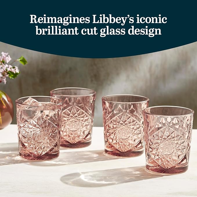 Libbey Hobstar Double Old Fashioned Glasses,Rose Colored Cut Glass Drinking Glasses Set of 4, Durable, Vintage Whiskey Glasses for Cocktail, Drinks - Image 2
