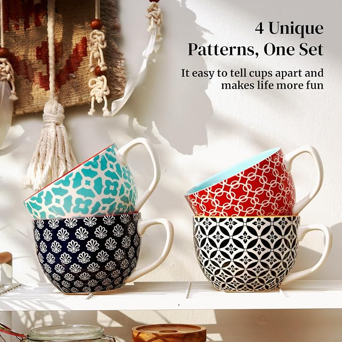 DOWAN 24 OZ Boho Mosaic Soup Mugs with Handle, Large Coffee Mugs Set of 4 | Six Design! Large Ceramic Mugs for Soup/Coffee/Cereal/Latte, Thanksgiving and Housewarming Gifts for Family and Friends - Image 9