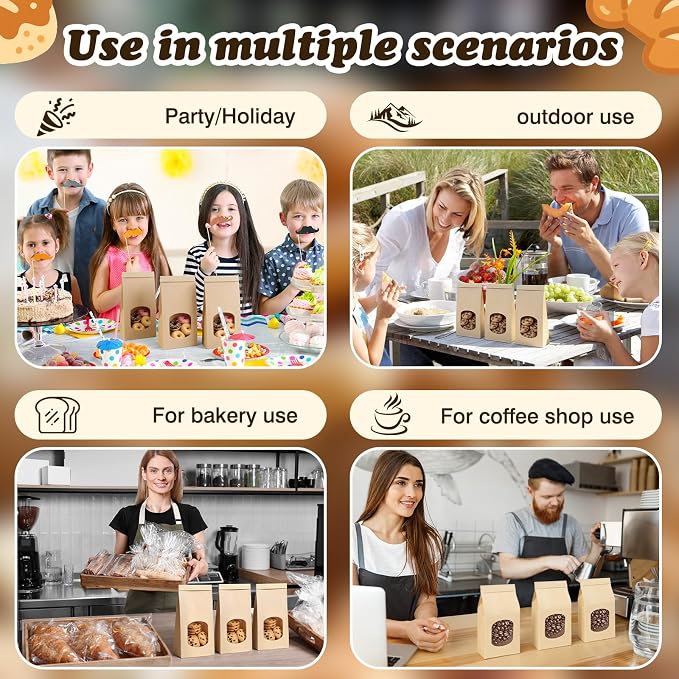 100Pcs Cookie Bags Bakery Bags with Window，Brown Kraft Paper Bags with Tin Tie Tab Lock，108 Labels Treat Bags for Homemade Cookies, Pastries, Coffee Bean, Goodies(9.8"x4.7"x2.6") - Image 3