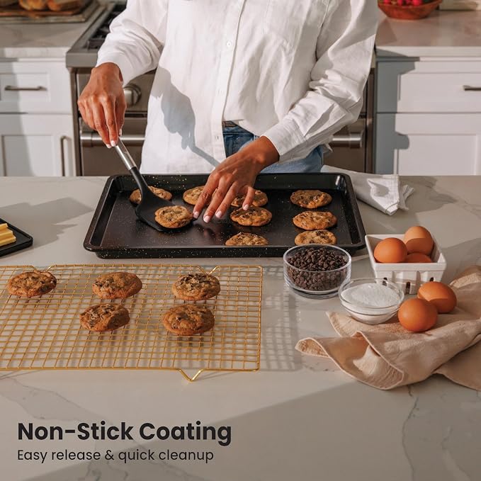 12 x 17 Inch Nonstick Baking Sheet with Wire Cooling Rack Set, Black & Gold Heavy Duty Carbon Steel Bakeware Tray, Oven Safe Easy Clean Pan for Cookies, Pastries & Roasting - Image 5
